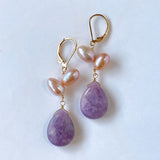 Lepidolite and freshwater pearl lever back earrings