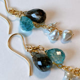 Moss aquamarine, blue zircon, and akoyaki pearl earrings