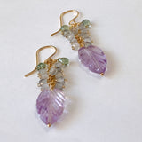 Lavender amethyst, labradorite and green sapphire leaf bouquet earrings