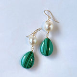 Large malachite and Akoya pearl earrings