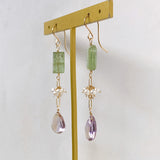 Ametrine, green kyanite and freshwater pearl earrings 