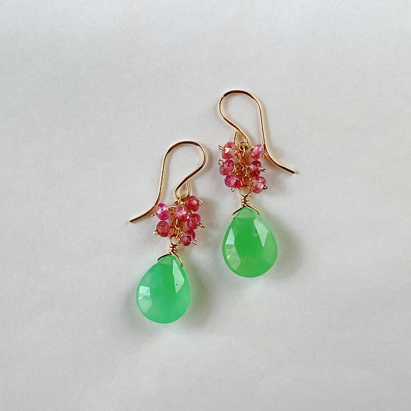 Gem chrysoprase and pink tourmaline bouquet earrings