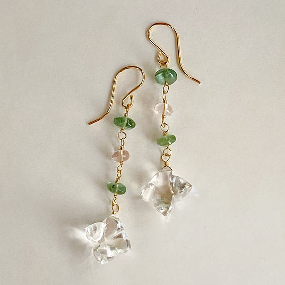 Flower crystal, green kyanite, and morganite earrings