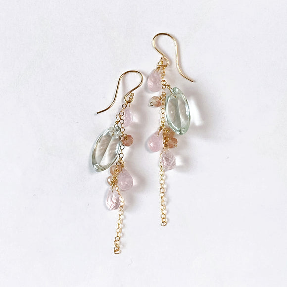 Morganite and green amethyst cherry blossom earrings