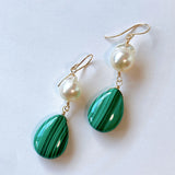 Large malachite and Akoya pearl earrings