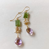 Ametrine, green kyanite and freshwater pearl earrings 