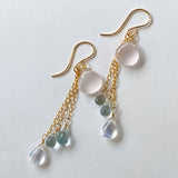 Star rose quartz, rainbow moonstone, and aquamarine earrings