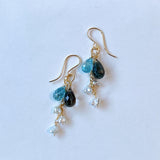 Moss aquamarine, blue zircon, and akoyaki pearl earrings