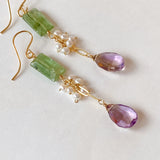 Ametrine, green kyanite and freshwater pearl earrings 