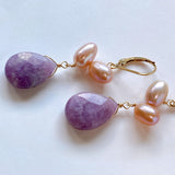 Lepidolite and freshwater pearl lever back earrings