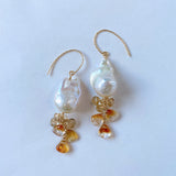 Oyster baroque pearl, bicolor citrine and topaz earrings