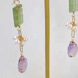 Ametrine, green kyanite and freshwater pearl earrings 