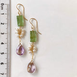 Ametrine, green kyanite and freshwater pearl earrings 