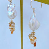 Oyster baroque pearl, bicolor citrine and topaz earrings