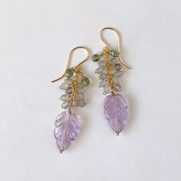 Lavender amethyst, labradorite and green sapphire leaf bouquet earrings