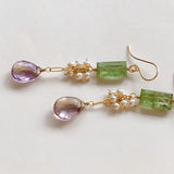 Ametrine, green kyanite and freshwater pearl earrings 