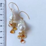 Oyster baroque pearl, bicolor citrine and topaz earrings