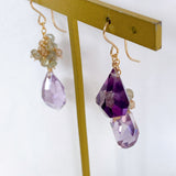 Amethyst, green sapphire and natural zircon asymmetric earrings