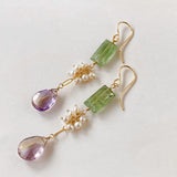 Ametrine, green kyanite and freshwater pearl earrings 