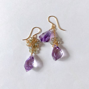 Amethyst, green sapphire and natural zircon asymmetric earrings