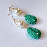 Large malachite and Akoya pearl earrings