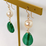 Large malachite and Akoya pearl earrings