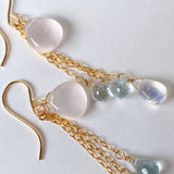 Star rose quartz, rainbow moonstone, and aquamarine earrings