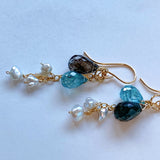 Moss aquamarine, blue zircon, and akoyaki pearl earrings