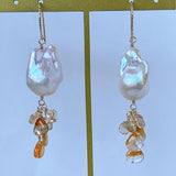 Oyster baroque pearl, bicolor citrine and topaz earrings