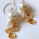 Oyster baroque pearl, bicolor citrine and topaz earrings