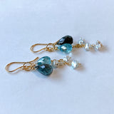 Moss aquamarine, blue zircon, and akoyaki pearl earrings