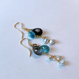 Moss aquamarine, blue zircon, and akoyaki pearl earrings